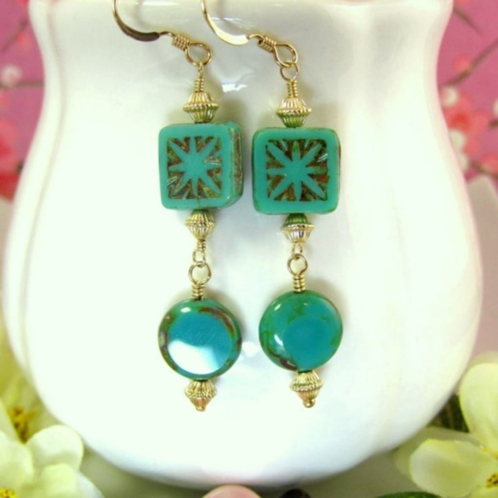 Chinese turquoise coin and square Czech earrings